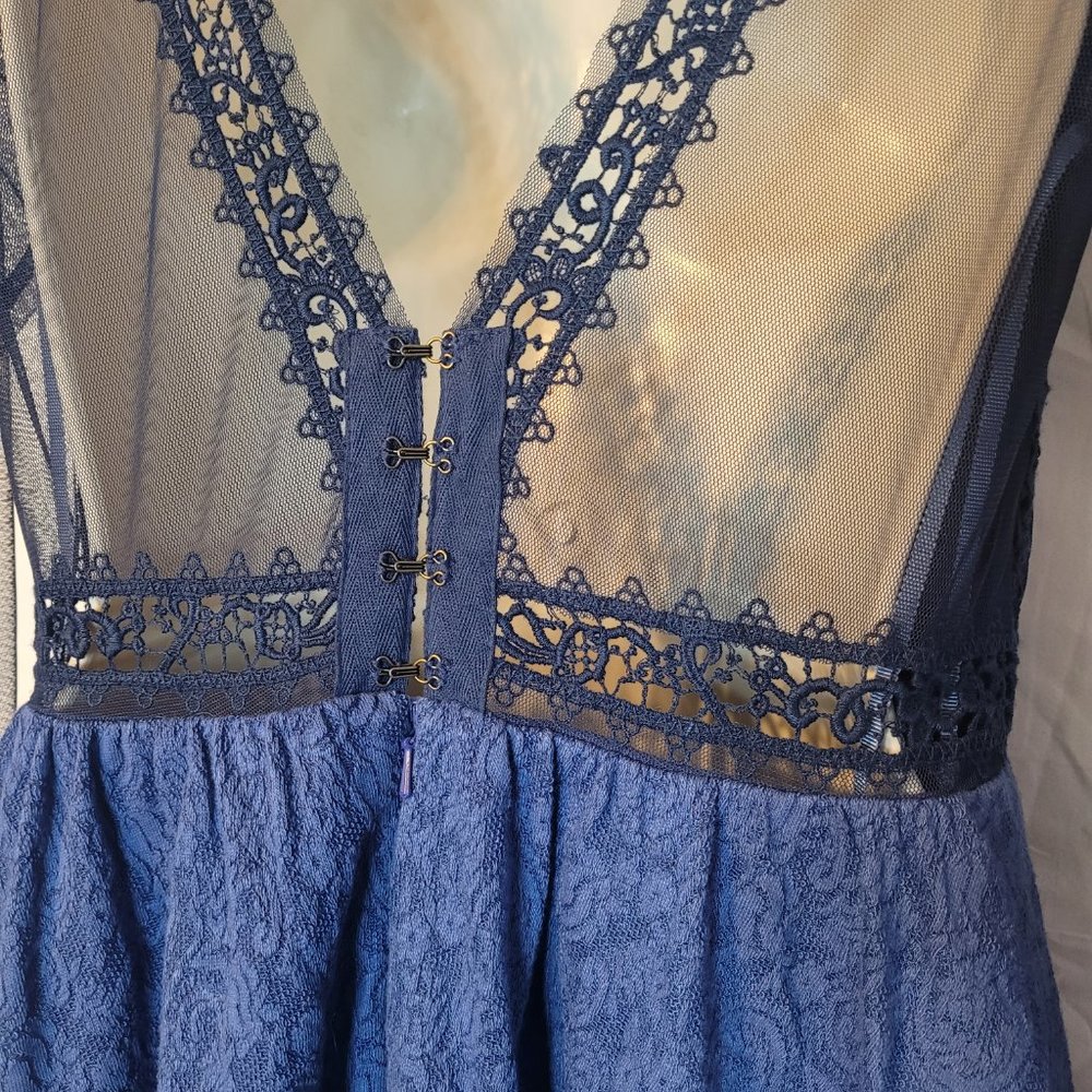Free People Blue Lace Victorian Fit-and-Flare Dress with Sheer Sleeves - Picture 8 of 14